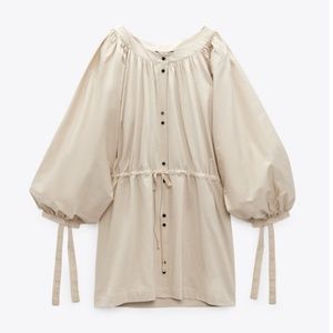 Zara boho cream balloon sleeves buttons mini shirt dress NWT